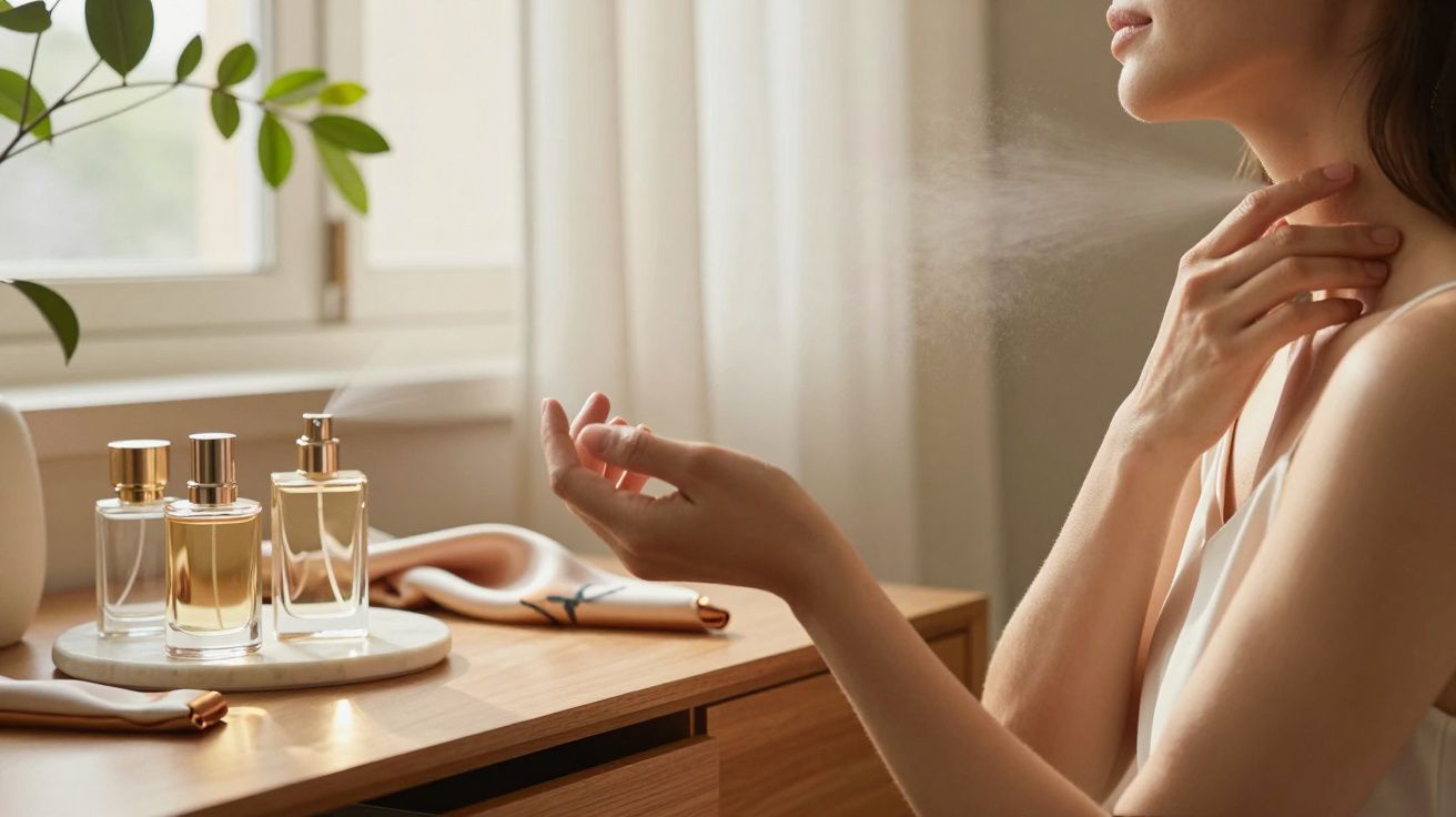 Mulher a aplicar perfume no pescoço junto a uma mesa com frascos de perfume e plantas.