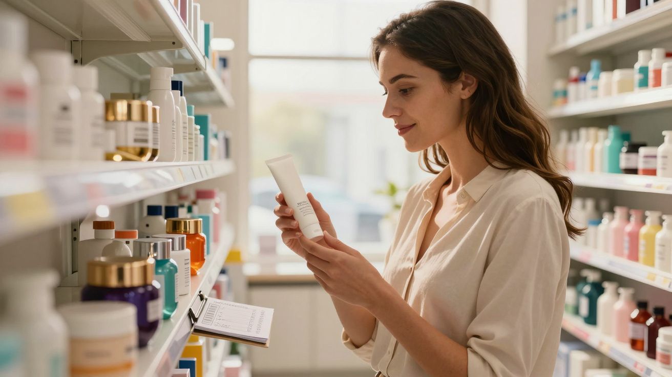 Mulher a ler rótulo de produto numa prateleira de loja com vários frascos coloridos.