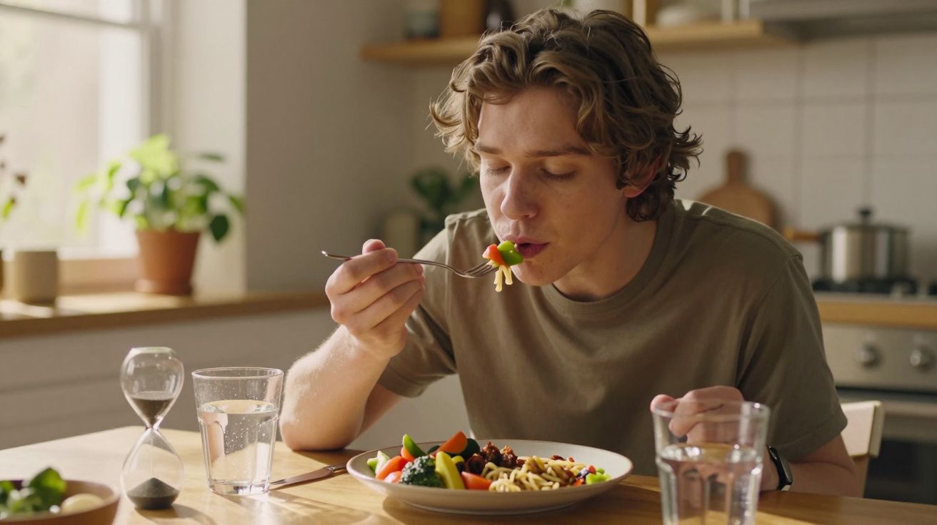 Jovem a saborear uma refeição saudável com legumes e massa numa cozinha acolhedora e iluminada.