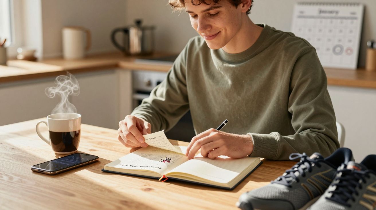 Jovem sentado à mesa a escrever num diário, com chá quente e sapatos desportivos à frente na cozinha.