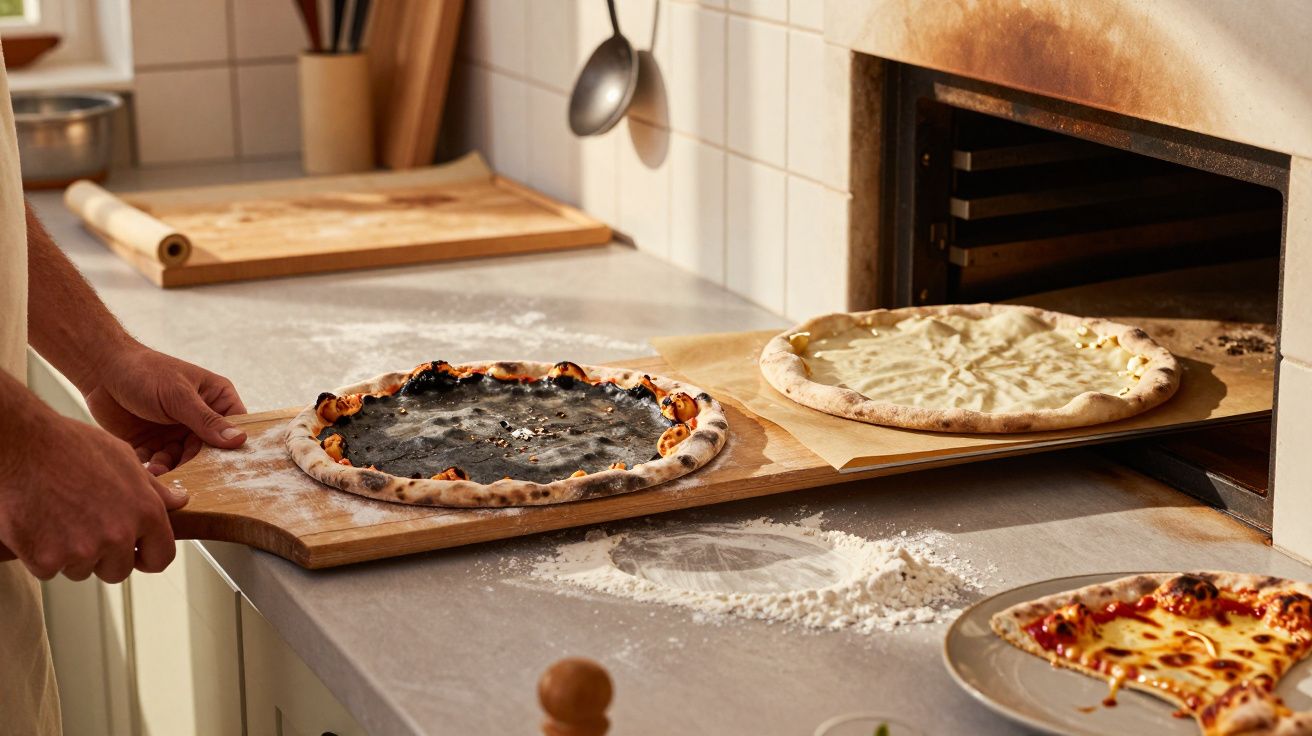 Pessoa a retirar do forno duas pizzas em tabuleiro de madeira numa cozinha com bancada e utensílios.