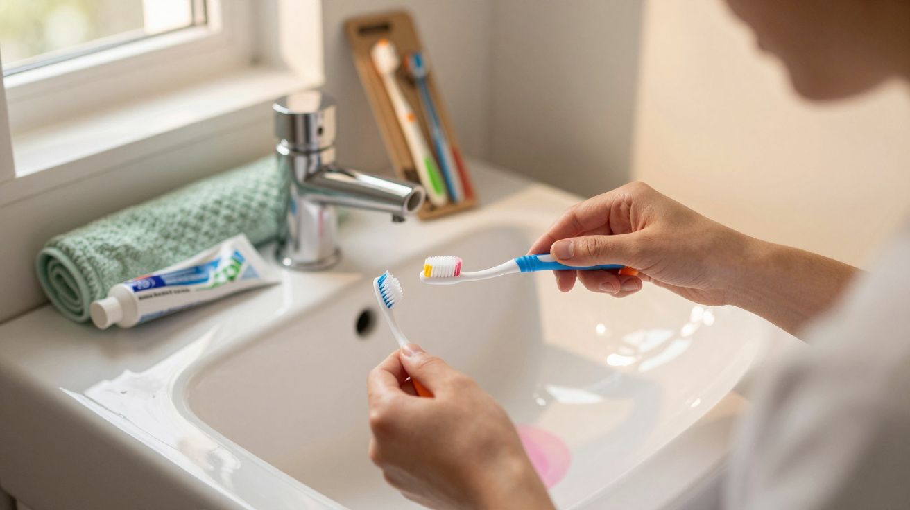 Pessoa a aplicar pasta dentífrica numa escova de dentes num lavatório de casa de banho.