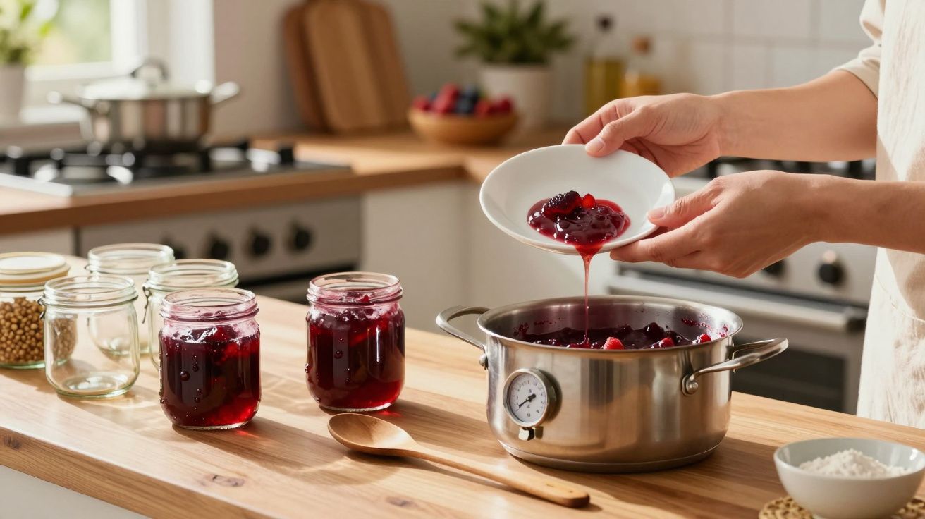Pessoa a colocar compota de frutos vermelhos em frasco sobre bancada de cozinha.