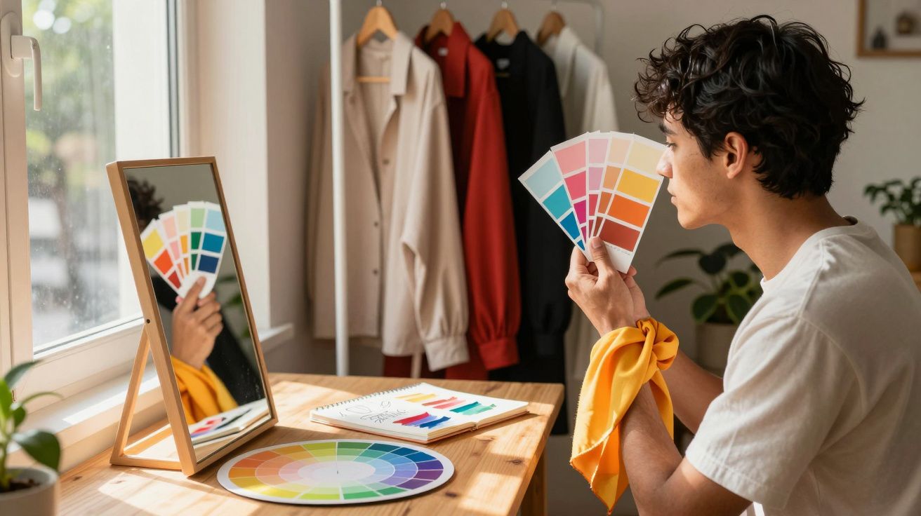 Pessoa a escolher paleta de cores junto a espelho numa sala com roupas penduradas ao fundo.