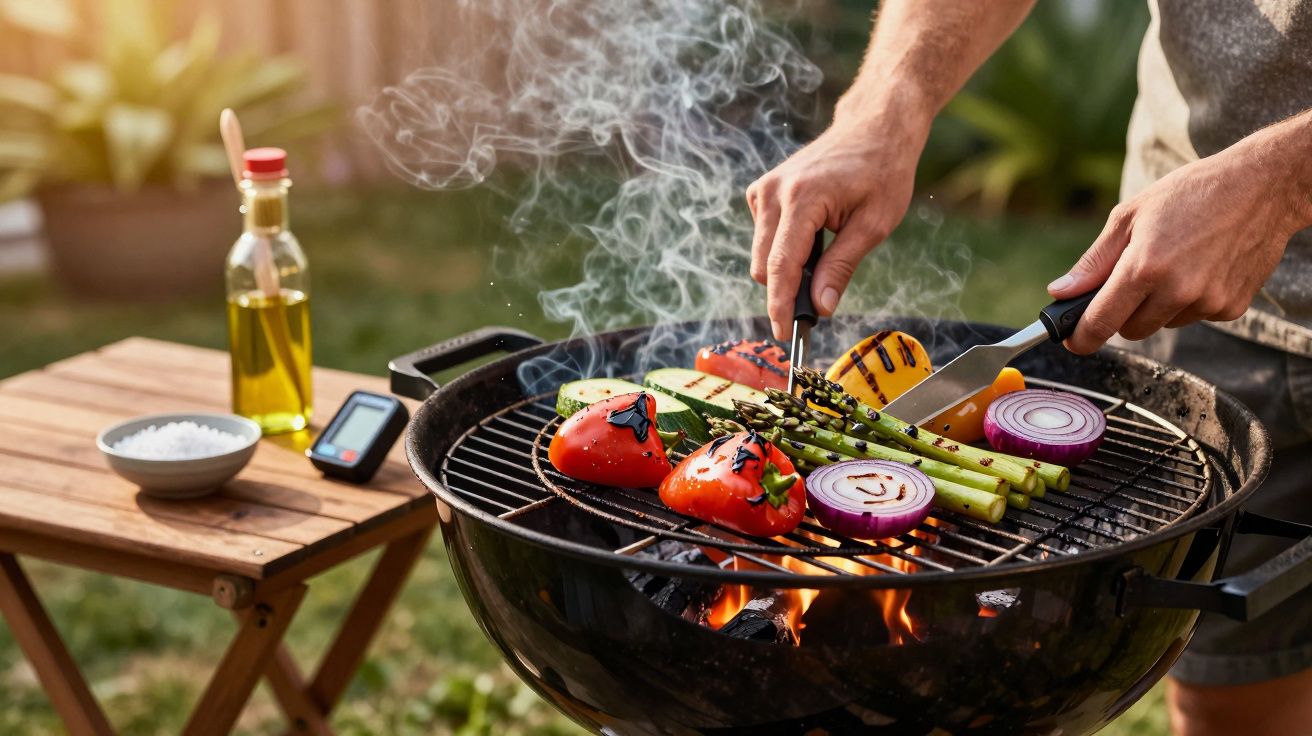 Vegetais frescos a grelhar num churrasco redondo com mãos a usar utensílios para virar os legumes.