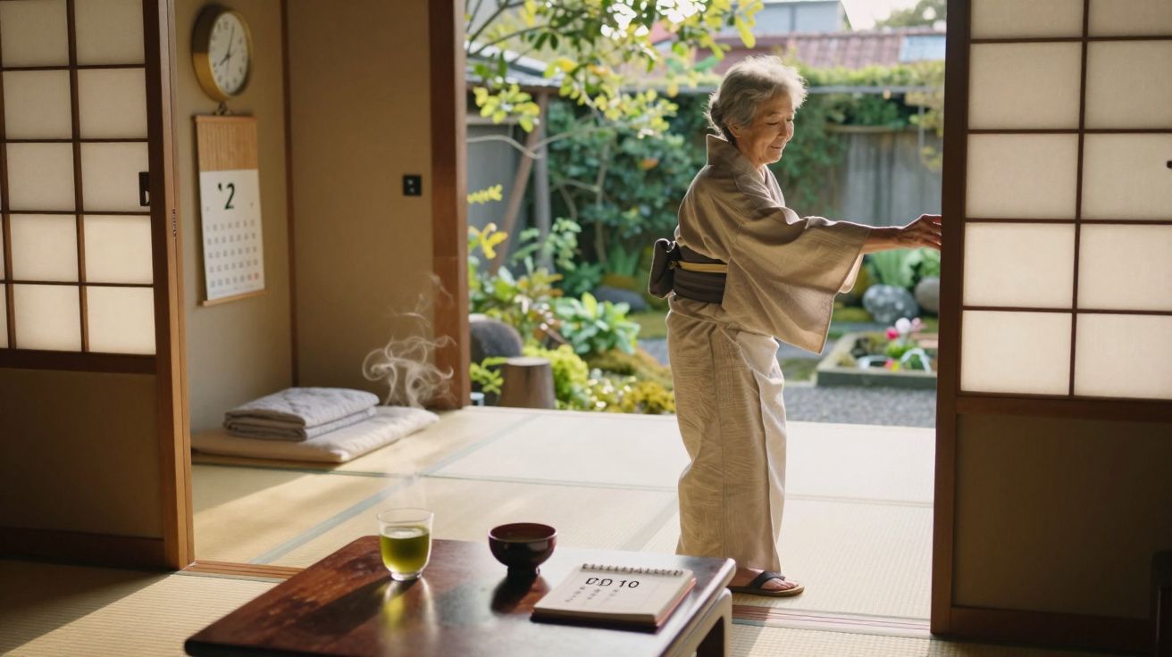 Mulher idosa de kimono abrindo porta de correr em casa tradicional japonesa com jardim visível.