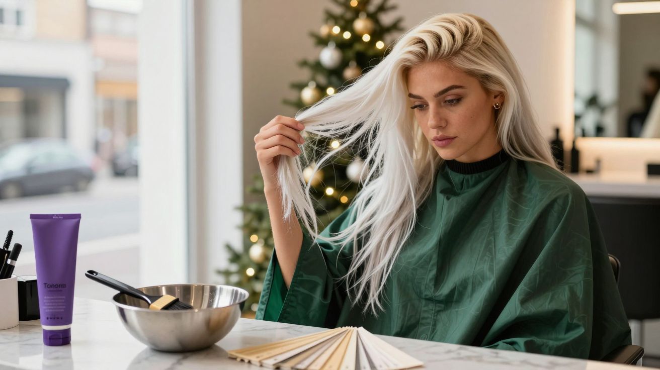 Mulher loira em salão de beleza, sentada com capa verde, segurando cabelo e fan de tons de loiro.