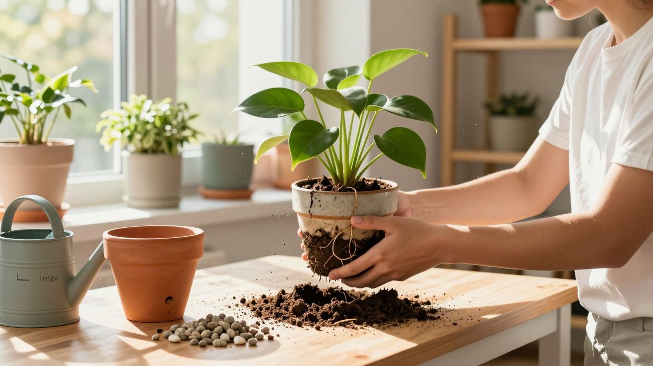 Pessoa transplantando planta com vasos e regador numa mesa perto da janela iluminada pelo sol.