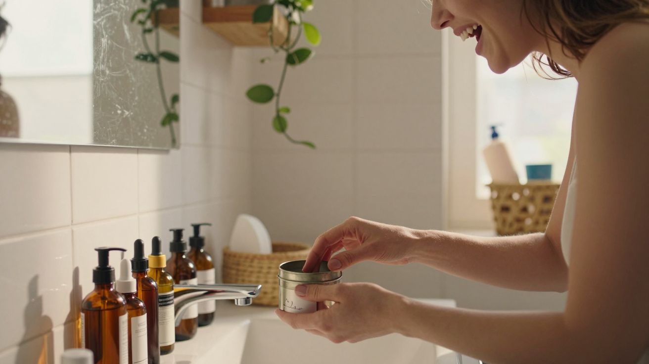 Mulher sorridente a abrir um frasco junto à pia com vários frascos de produtos de higiene no banheiro.