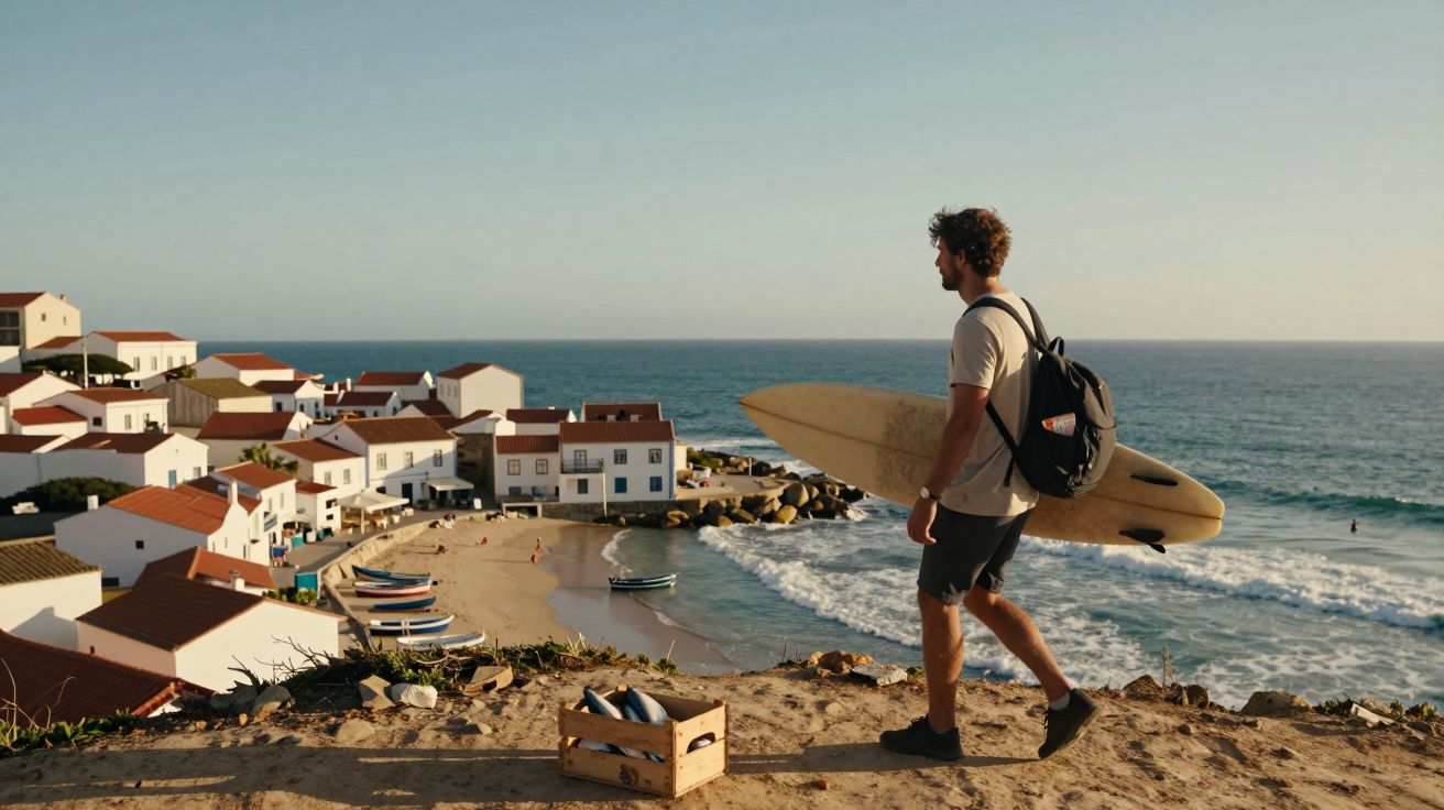 Homem com prancha de surf na mão observa vila costeira e o mar ao pôr do sol.