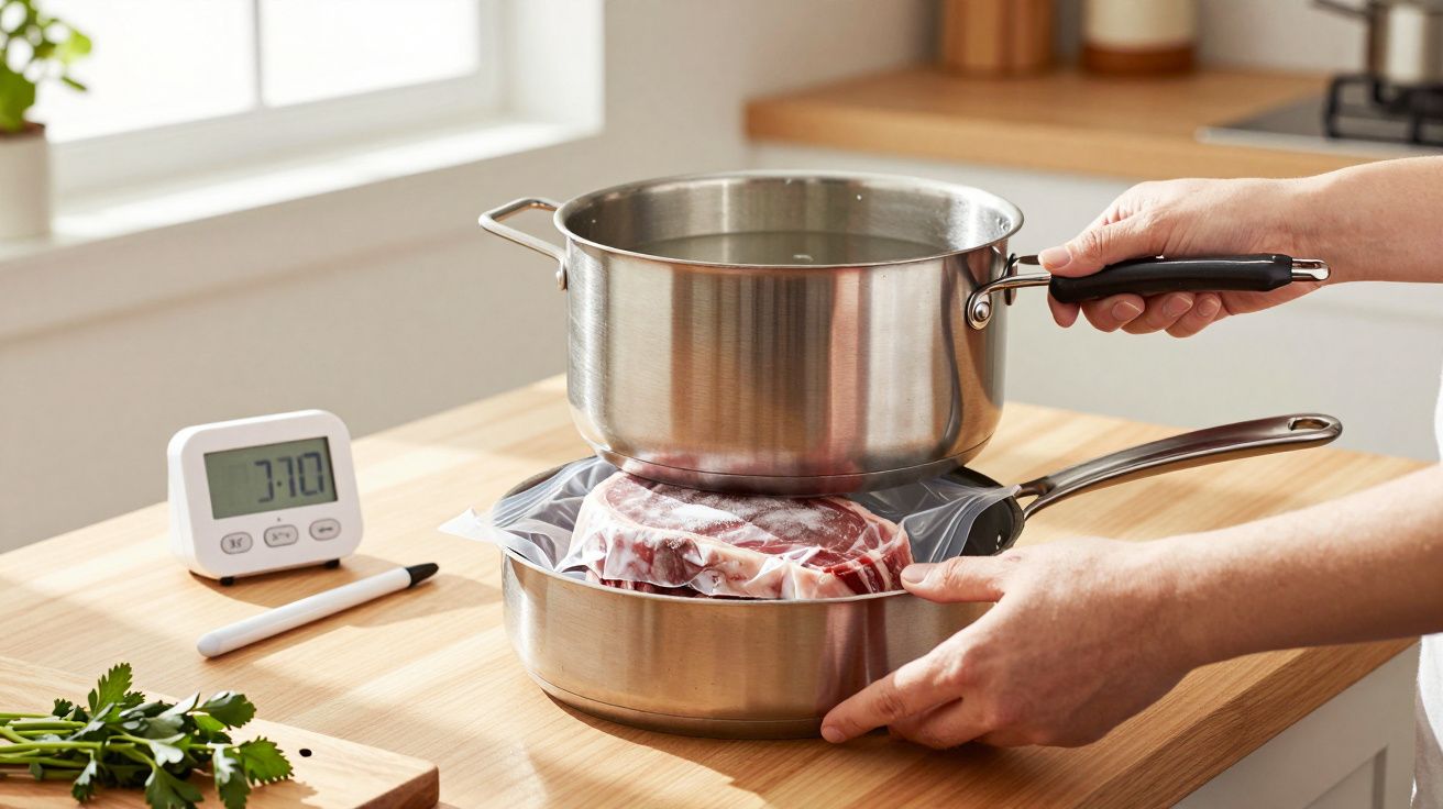 Pessoa a cozinhar carne embalada a vácuo usando o método sous vide com panela de água a ferver.