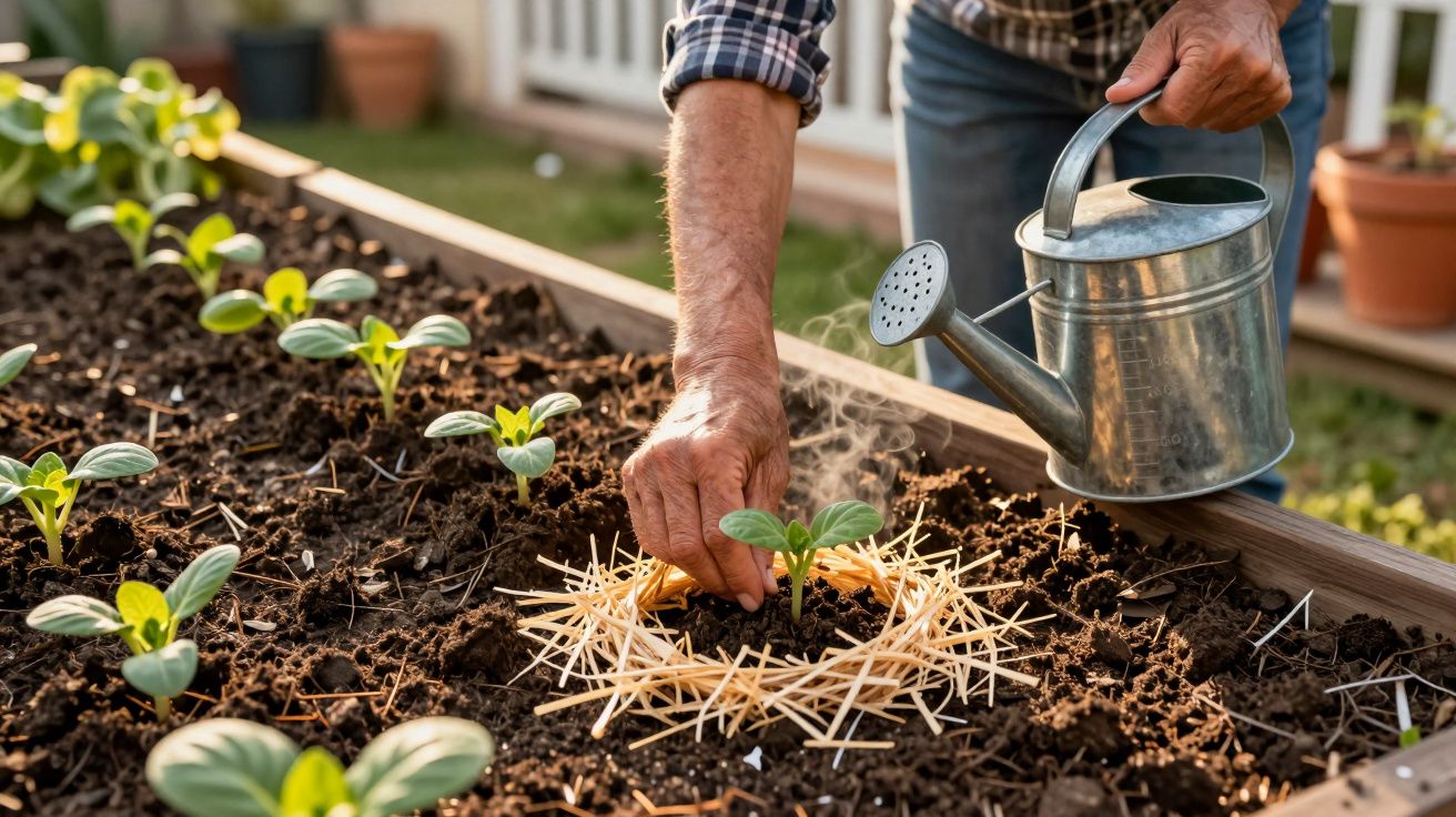 Pessoa a regar e proteger mudas numa horta com palha, em canteiro de madeira, num dia ensolarado.