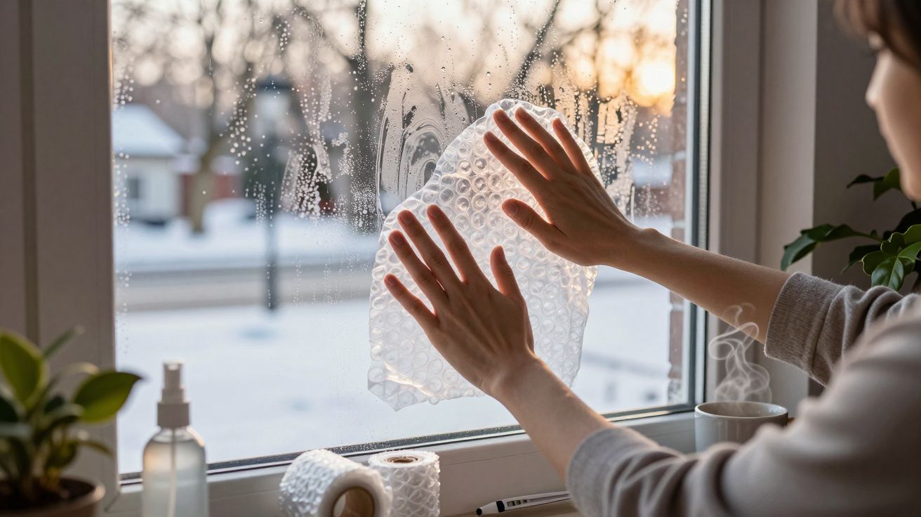 Pessoa a colocar plástico bolha numa janela com neve do lado de fora num dia frio de inverno.