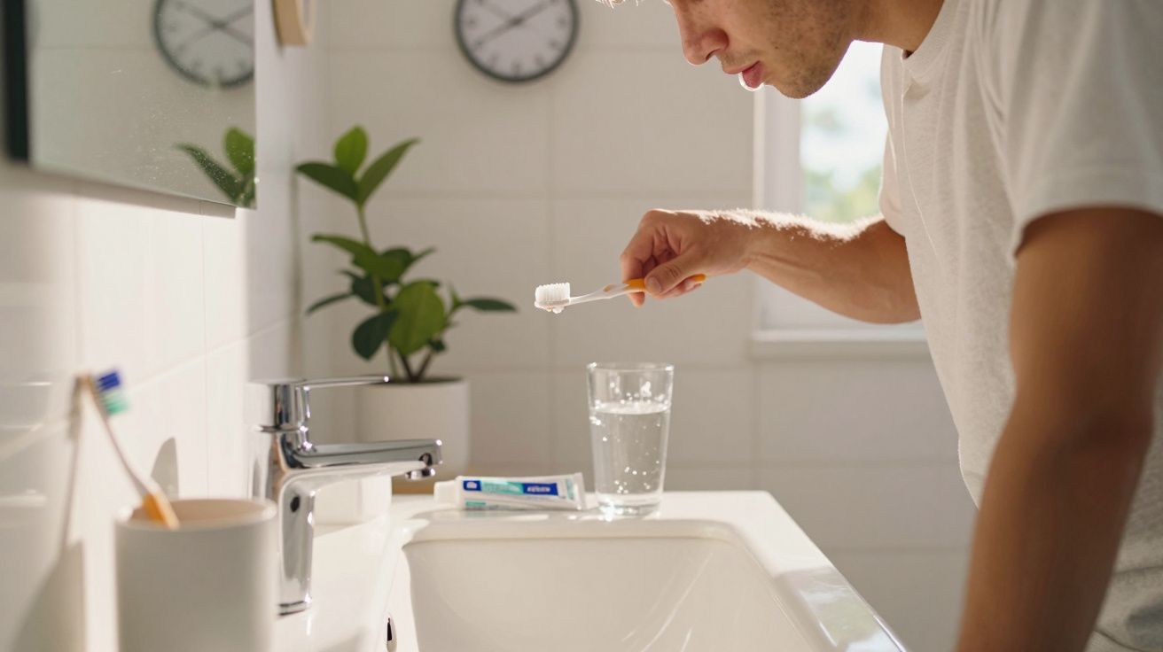 Homem a escovar os dentes no lavatório de uma casa de banho com relógios na parede.
