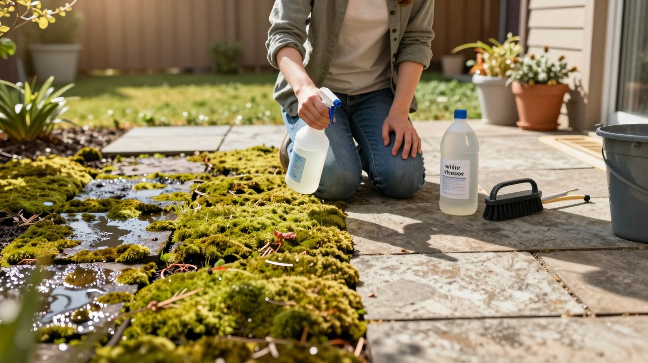 Pessoa a limpar musgo em azulejos exteriores com pulverizador, vinagre branco e pincel.