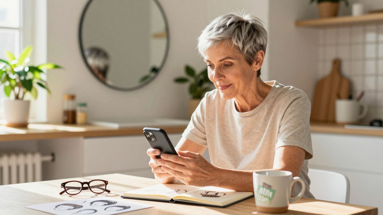 Mulher de cabelo cinza sentado à mesa, sorrindo e a olhar para o telemóvel numa cozinha iluminada.