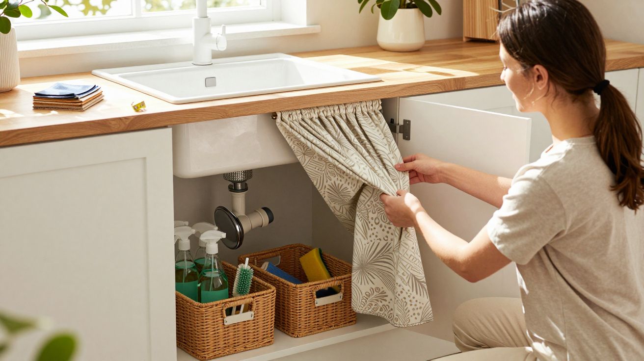Mulher abre porta do armário da cozinha com cestos organizadores e produtos de limpeza.