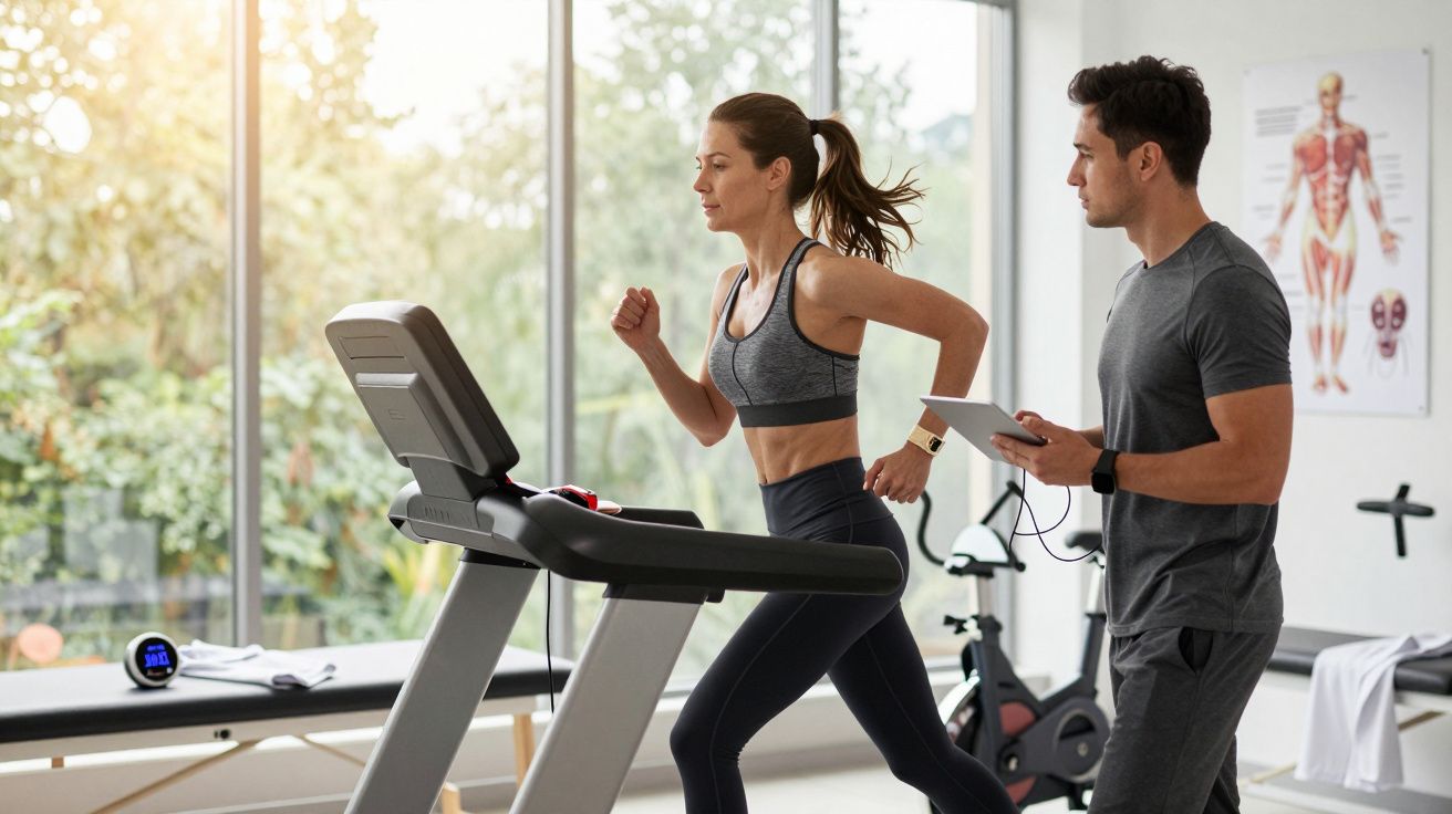 Mulher a correr numa passadeira monitorizada por treinador com tablet numa sala de ginásio iluminada.