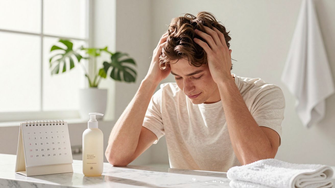 Homem jovem sentado à mesa com as mãos na cabeça, ao lado de calendário, garrafa de sabonete e toalha branca.