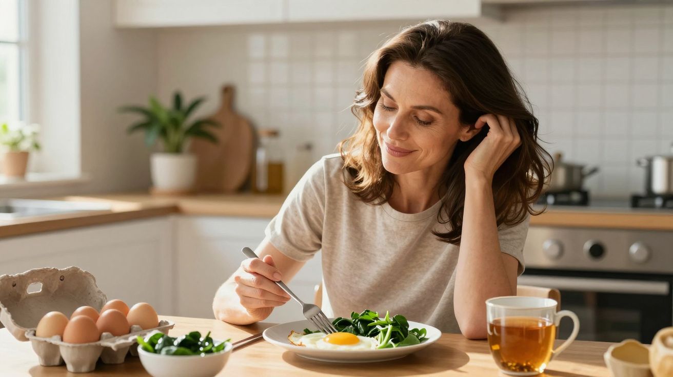 Mulher sentada na cozinha a comer ovo estrelado com espinafres, com chá e ovos na mesa.