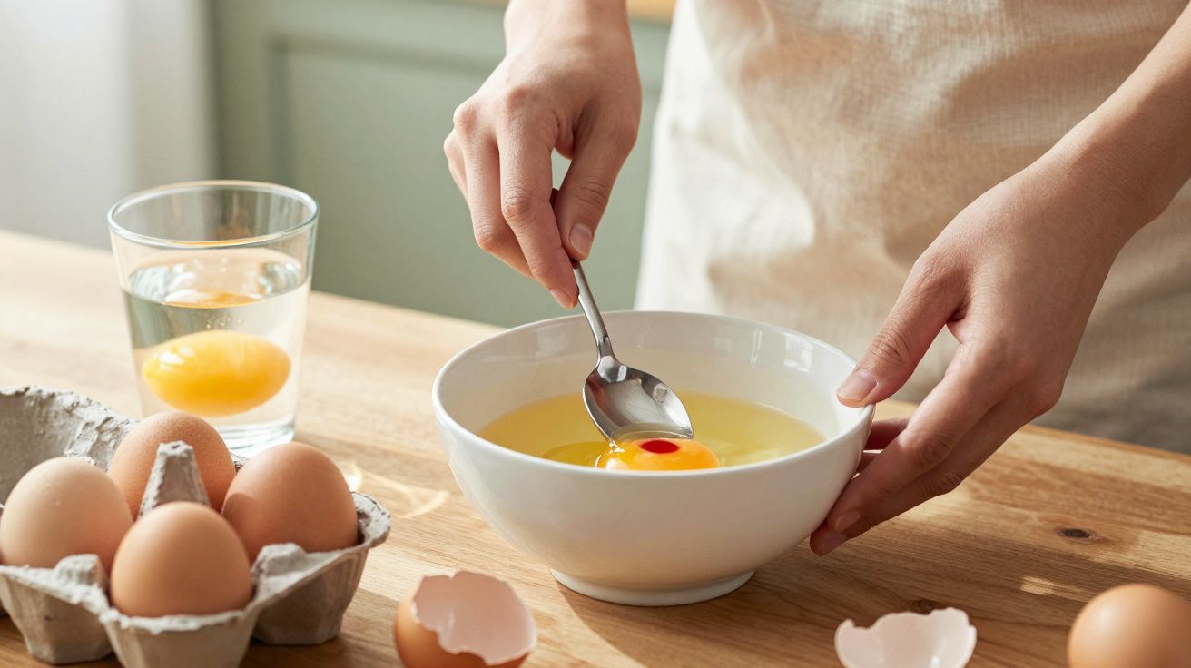 Pessoa a preparar ovos crus numa taça branca, com ovos e gemas em cima de mesa de madeira.