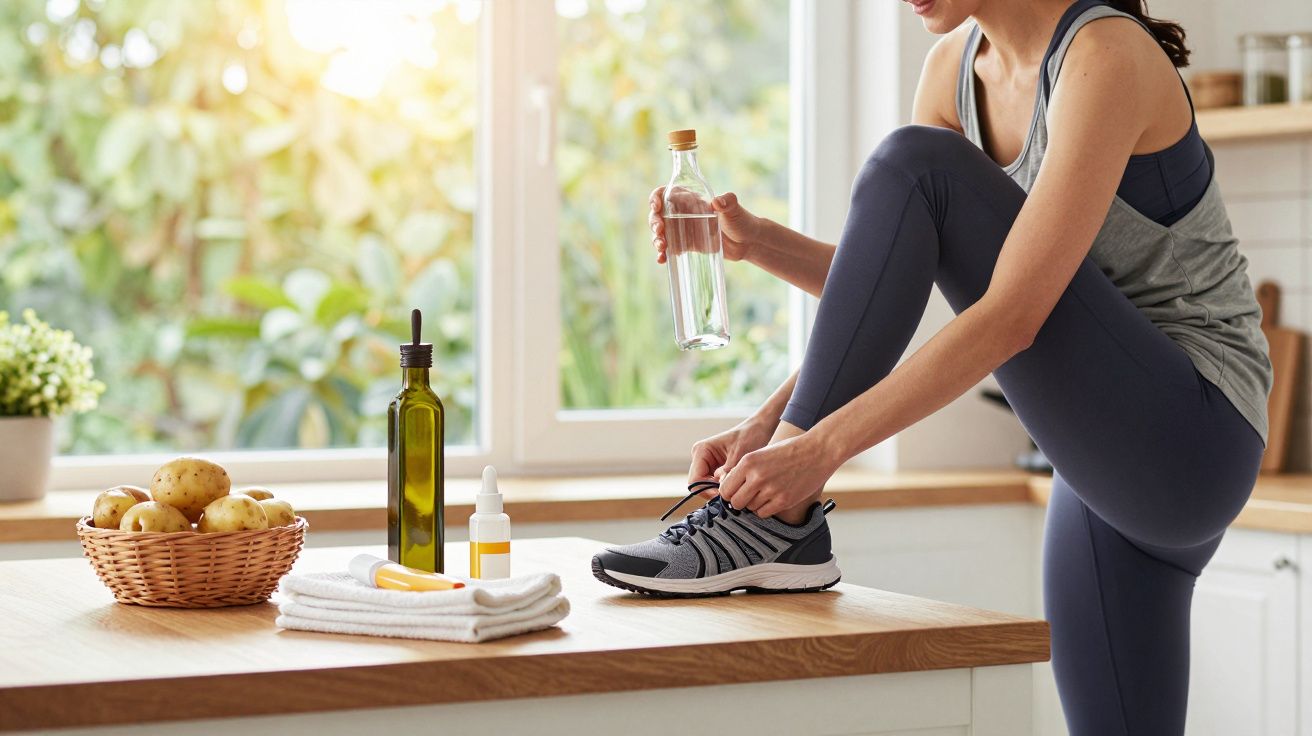 Pessoa a calçar ténis e a segurar uma garrafa de vidro num ambiente de cozinha iluminado.