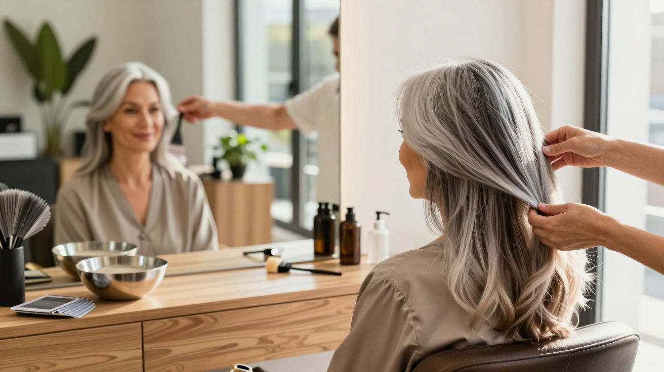 Mulher de cabelo grisalho sentada em salão de beleza enquanto cabeleireiro arruma o seu cabelo longo.