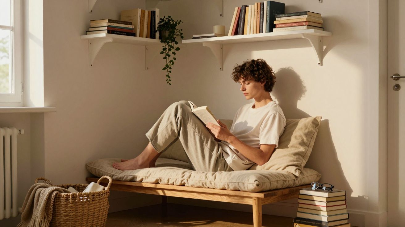 Pessoa sentada a ler num sofá com almofadas, rodeada por livros e luz natural a entrar pela janela.