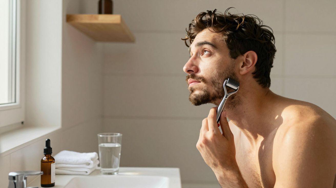 Homem a usar um derma roller na barba, sentado perto da janela num banheiro iluminado.