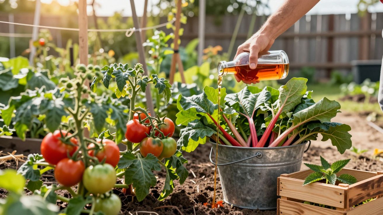 Pessoa a regar plantas num jardim com tomates e folhas verdes num balde metálico ao sol.