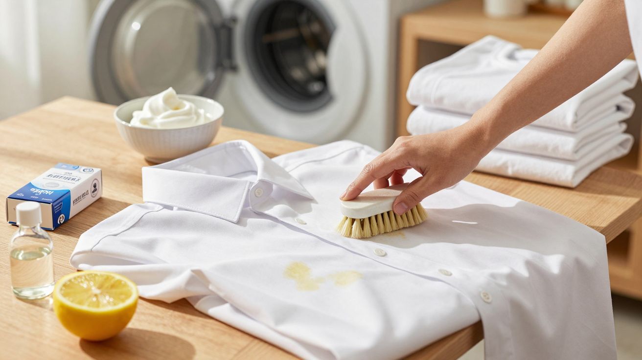 Pessoa a esfregar mancha amarela numa camisa branca sobre uma mesa com produtos de limpeza.