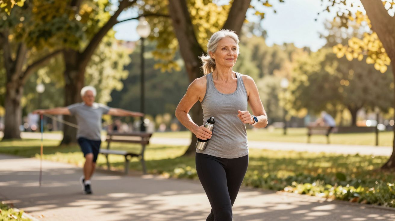 Mulher sénior a correr num parque ensolarado, segurando uma garrafa de água e usando roupa desportiva.