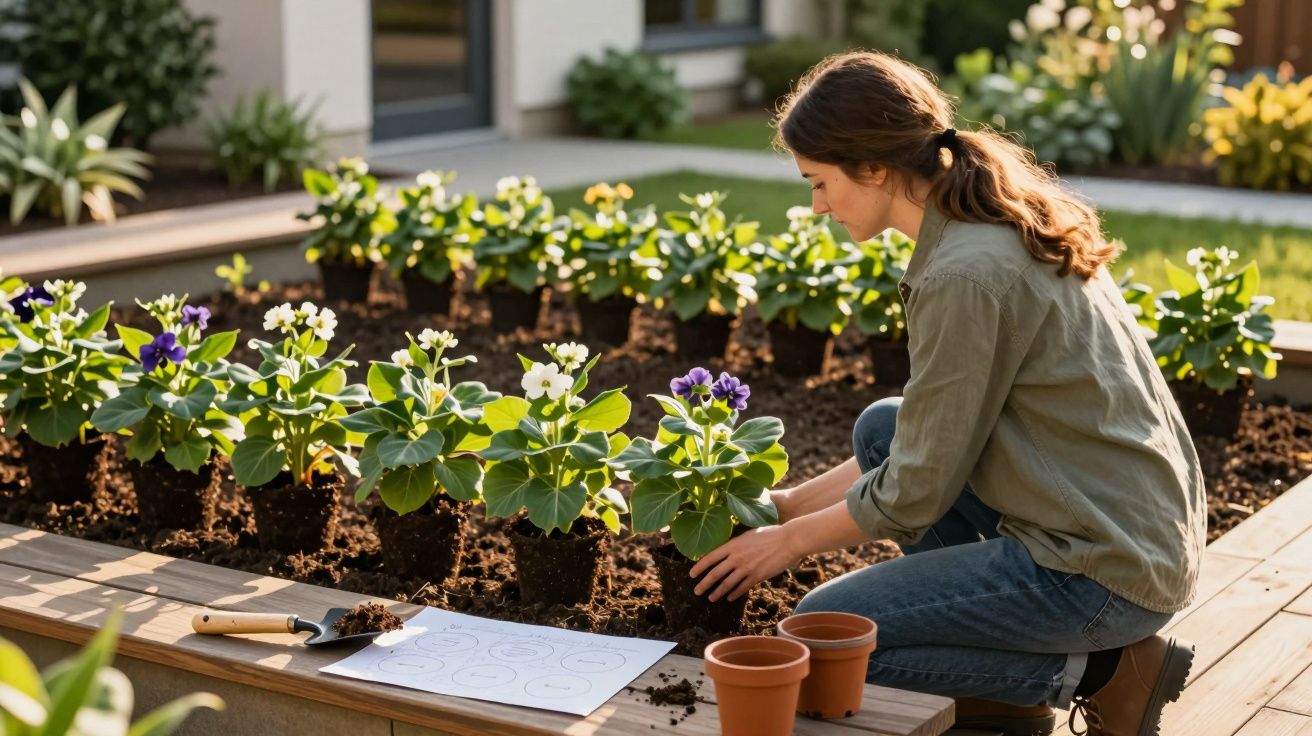 Mulher a cuidar e plantar flores num jardim elevado, com vasos e ferramentas ao lado.
