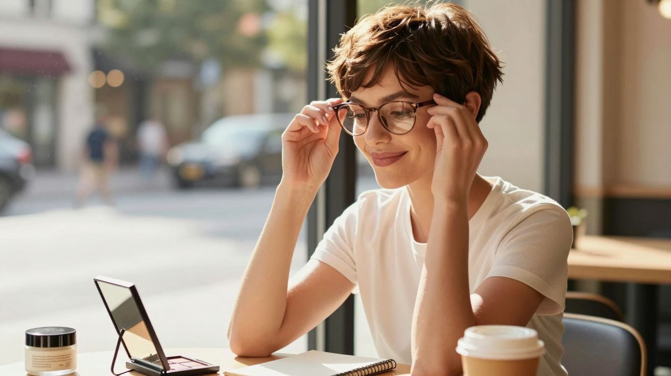 Jovem com cabelo curto e óculos cor de rosa sentada numa mesa junto a uma janela, sorrindo.