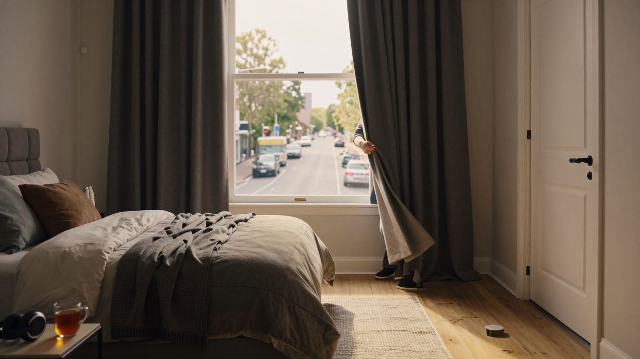 Quarto com cama arrumada junto a janela aberta e pessoa a puxar cortina escura numa estrada movimentada.