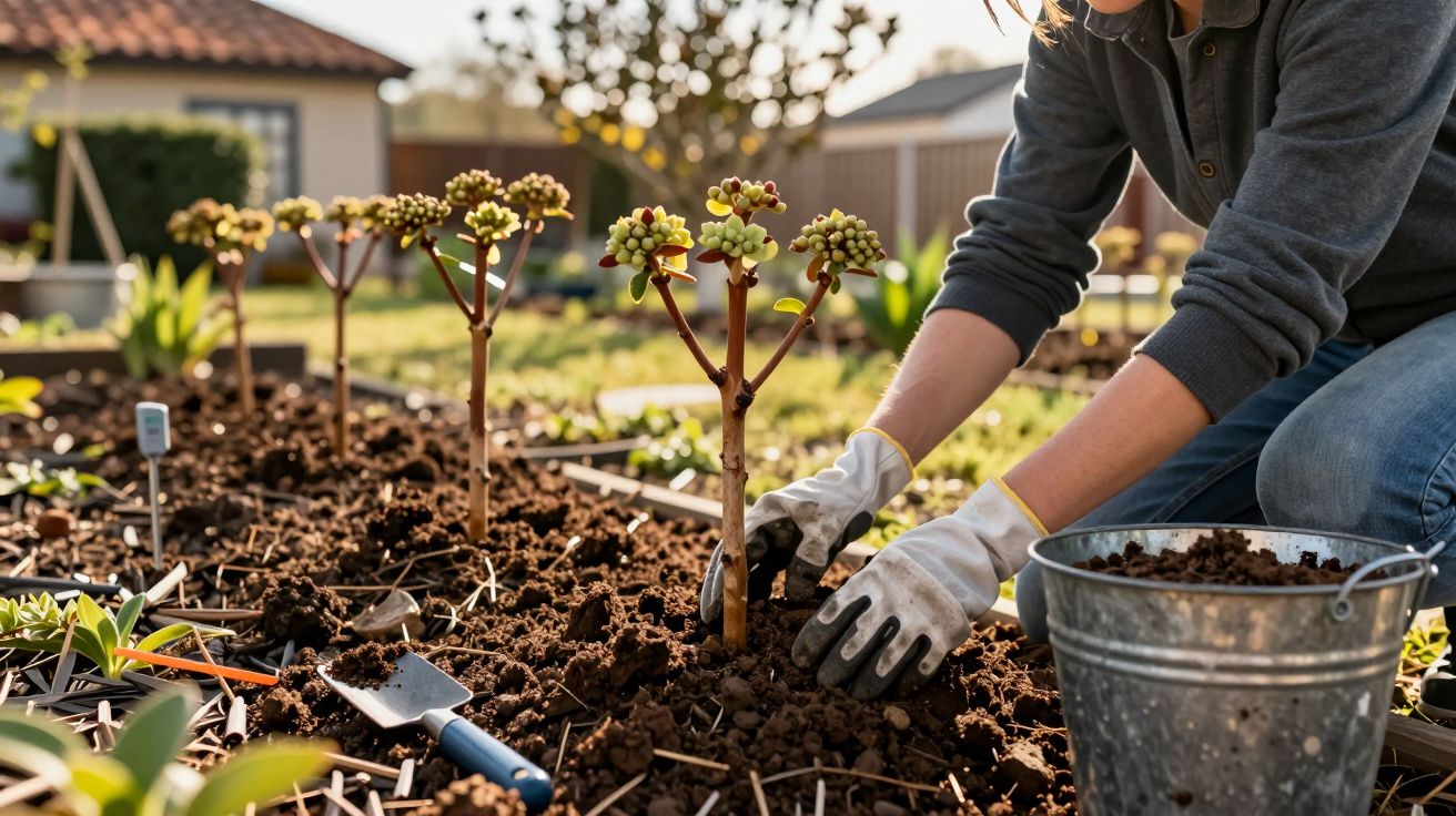 Pessoa a plantar pequenas árvores em terreno de jardim com luvas e ferramentas perto, sob luz solar.