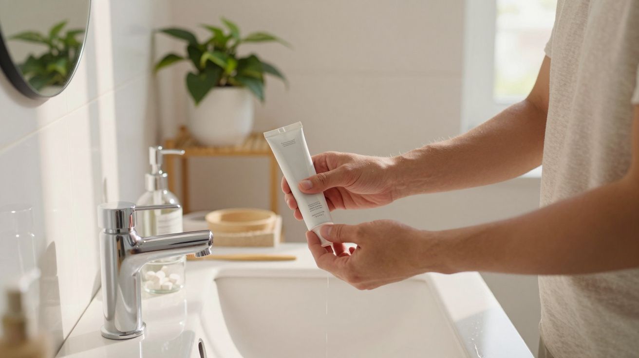 Pessoa a segurar tubo de creme junto a lavatório numa casa de banho com plantas e espelho redondo.