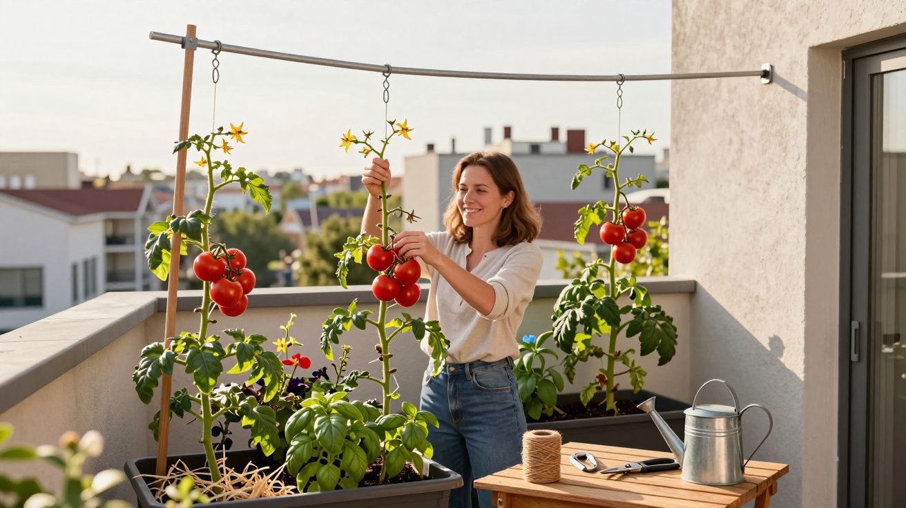 Mulher a colher tomates maduros numa varanda com várias plantas em vasos ao entardecer.