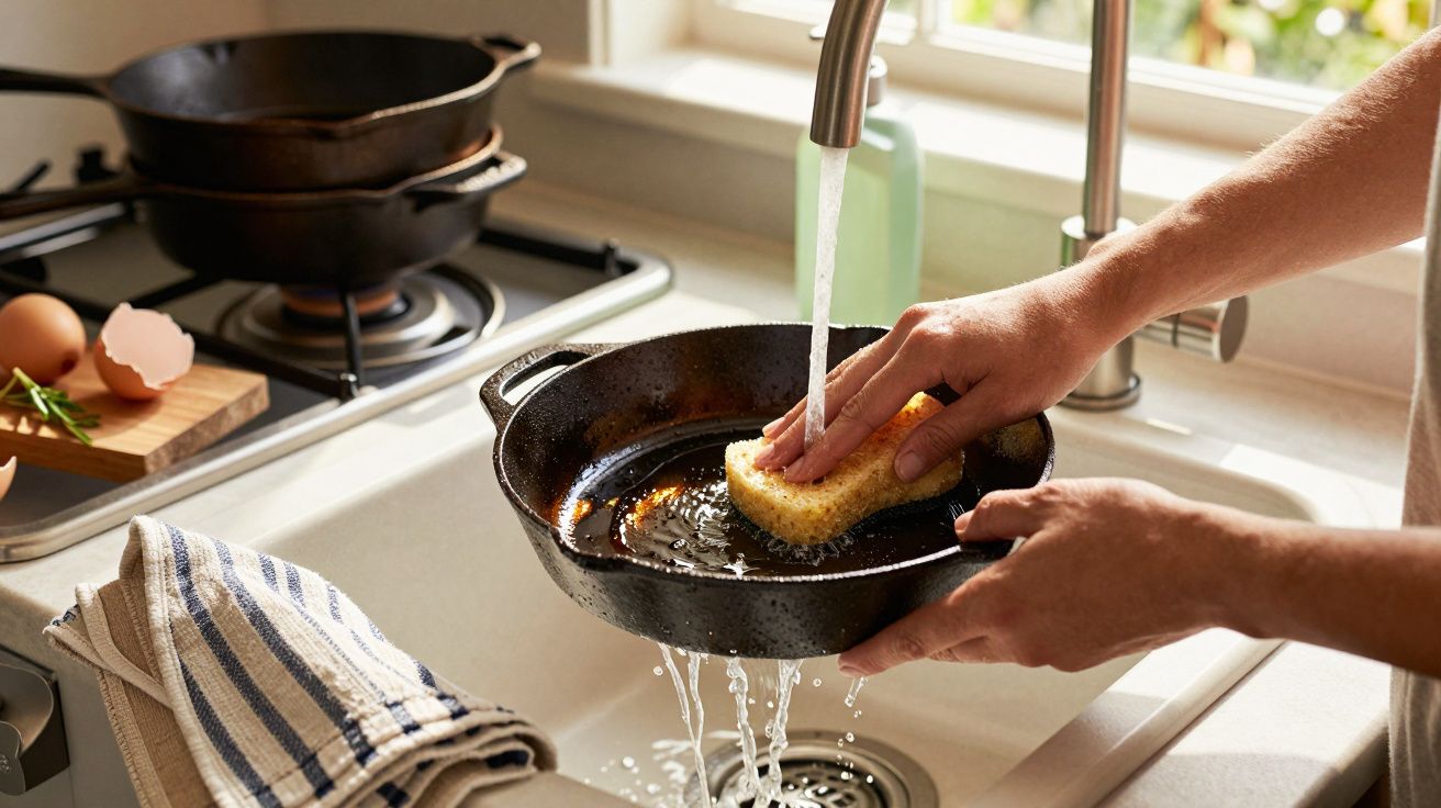 Pessoa a lavar uma frigideira de ferro fundido com esponja debaixo da torneira na cozinha.