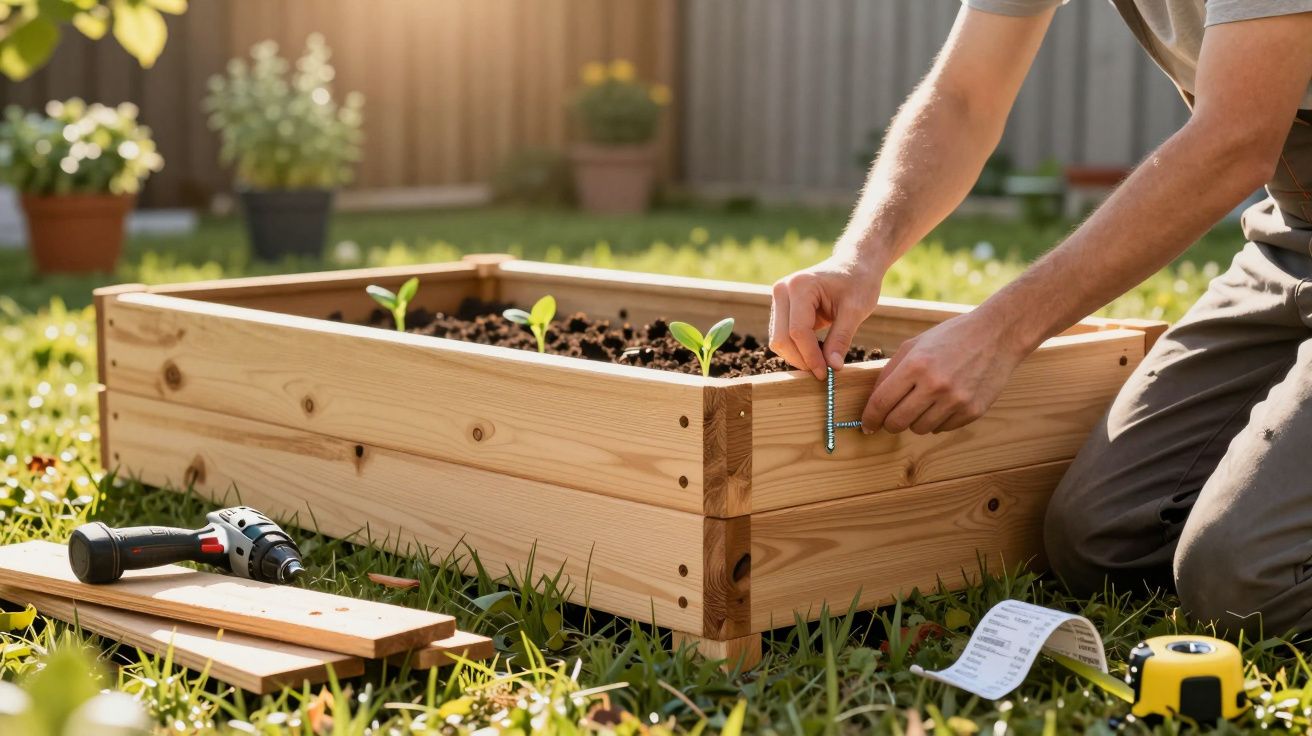 Pessoa a montar uma caixa de madeira para plantas num jardim, com ferramentas e mudas pequenas.