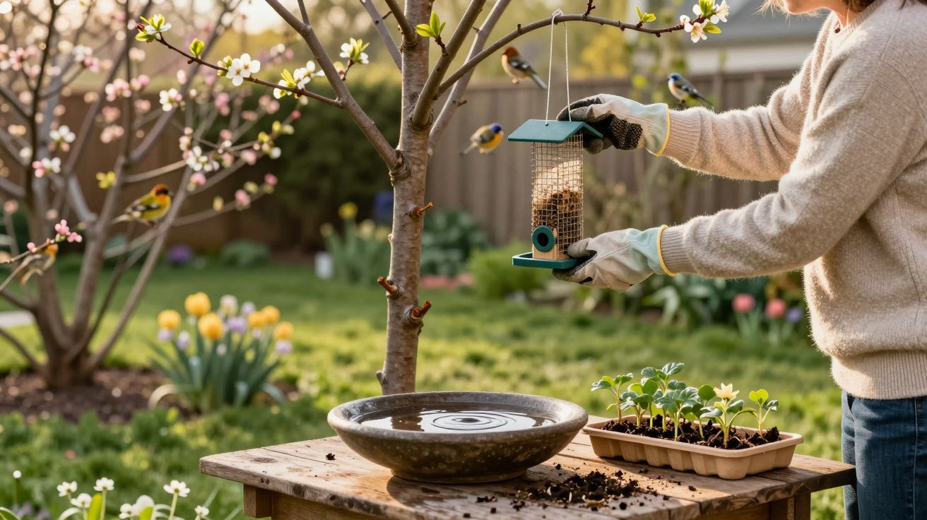 Pessoa com luvas pendura comedouro para pássaros em árvore florida num jardim ensolarado.