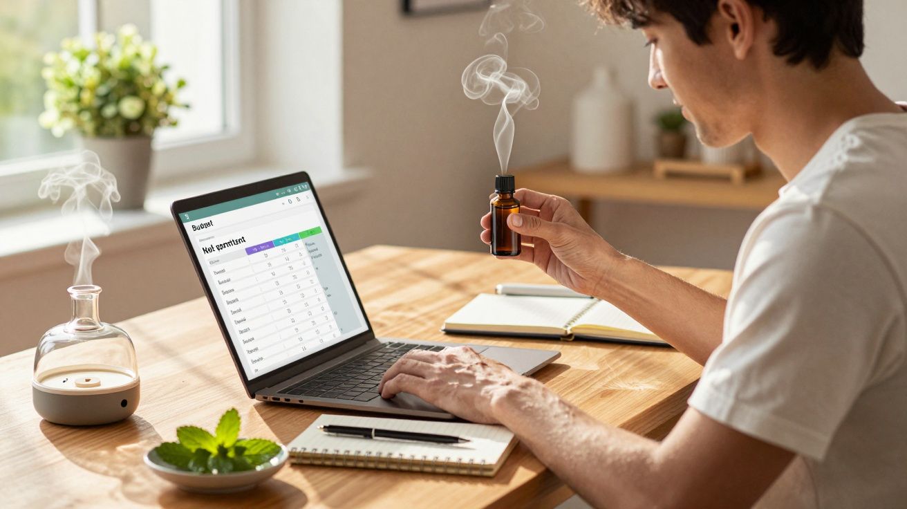 Homem sentado a trabalhar num computador portátil com difusor de aromas e óleo essencial a fumegar numa mesa de madeira.