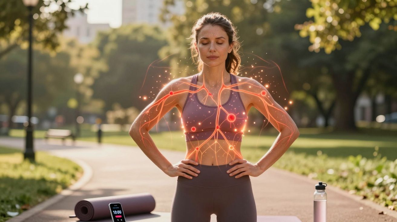 Mulher a praticar meditação ao ar livre com ilustração digital do sistema circulatório sobreposto.
