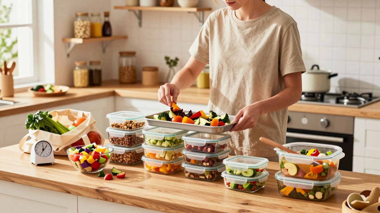 Pessoa a preparar refeições saudáveis em embalagens reutilizáveis numa cozinha moderna e iluminada.
