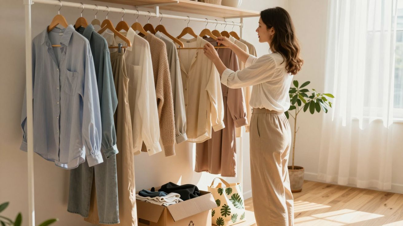 Mulher a escolher roupa num cabideiro branco numa divisão iluminada por luz natural.