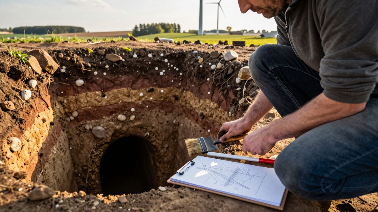Homem a examinar com escova e caderno a entrada de uma escavação arqueológica ao ar livre.