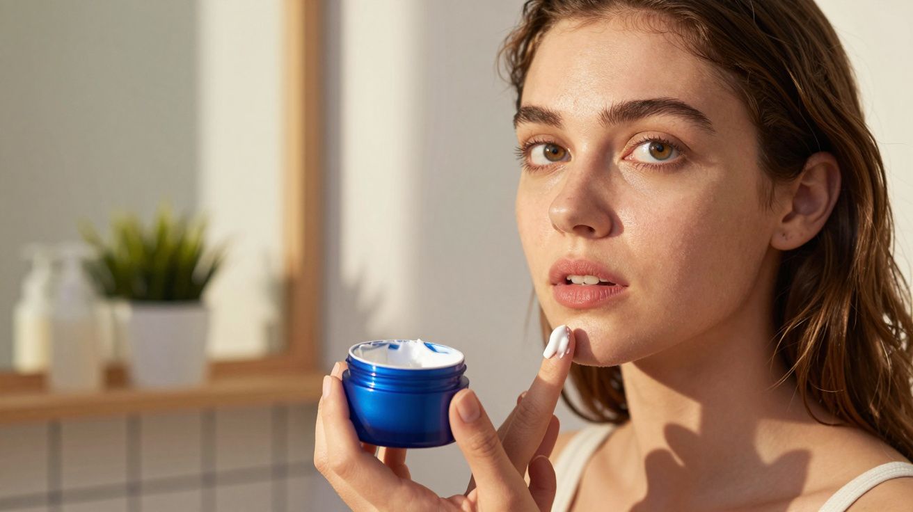 Mulher a aplicar creme hidratante no rosto numa casa de banho bem iluminada.