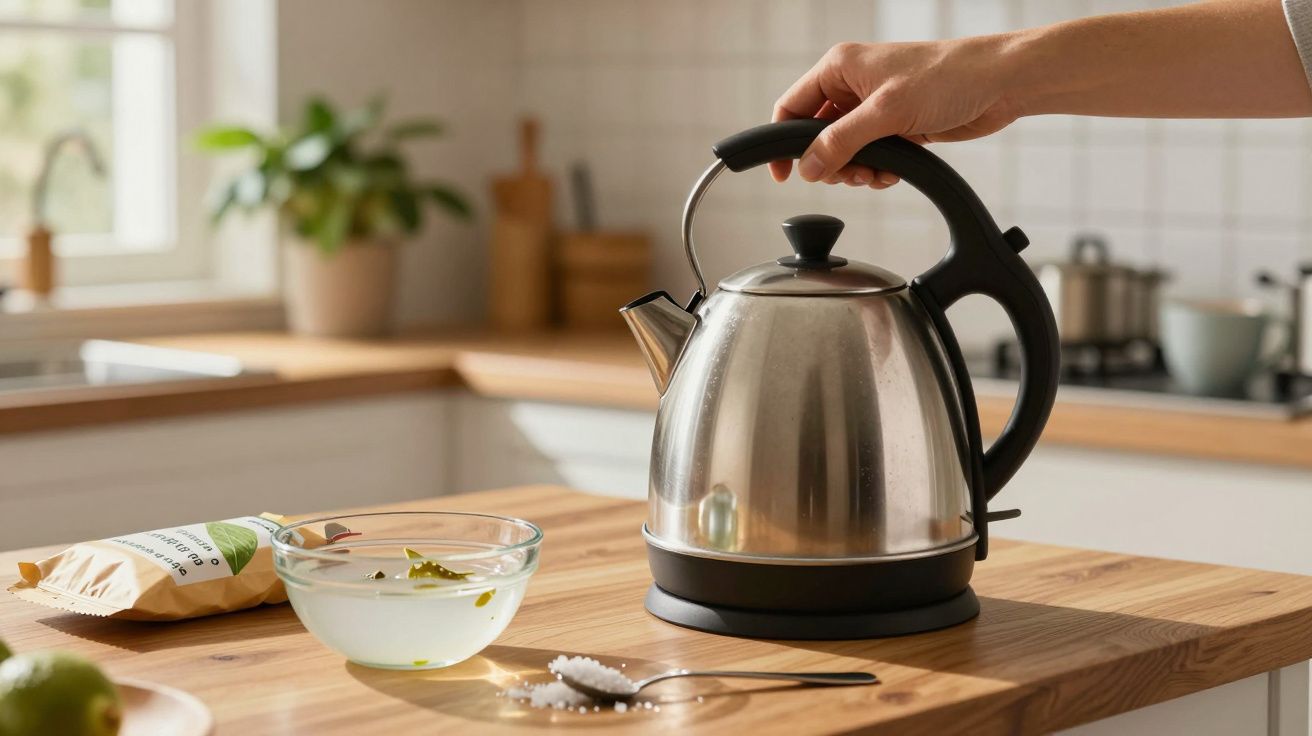 Pessoa a pegar em jarro elétrico numa cozinha com tigela e colher numa bancada de madeira.