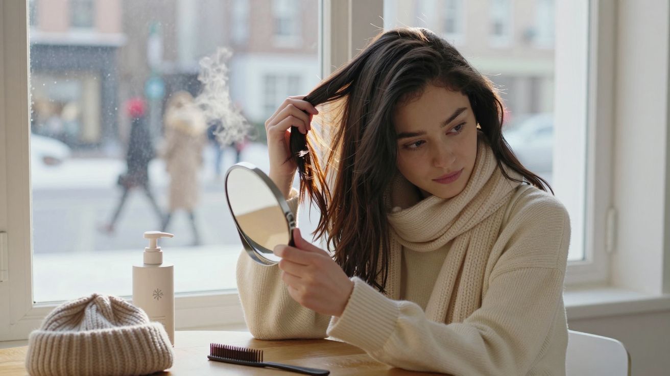 Mulher com camisola e cachecol bege usa espelho para pentear o cabelo junto a uma janela.