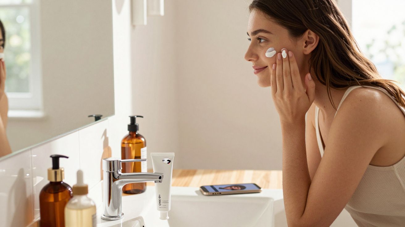 Mulher aplica creme facial em frente ao espelho numa casa de banho iluminada e moderna.